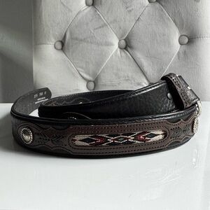 Vintage Western Belt Sonora Mexico Genuine Leather and Embroidered Inlay Silver